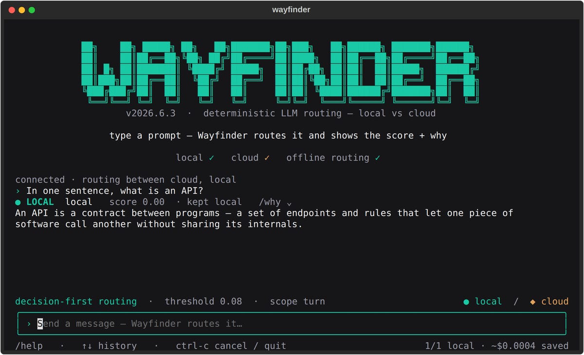 Wayfinder terminal chat — a routed prompt, the decision, the reply, and the running savings Wayfinder terminal chat — a routed prompt, the decision, the reply, and the running savings