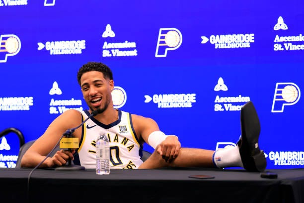 Tyrese Haliburton of the Indiana Pacers speaks to the media during the Indiana Pacers Media Day at Gainbridge Fieldhouse on September 30, 2024 in...