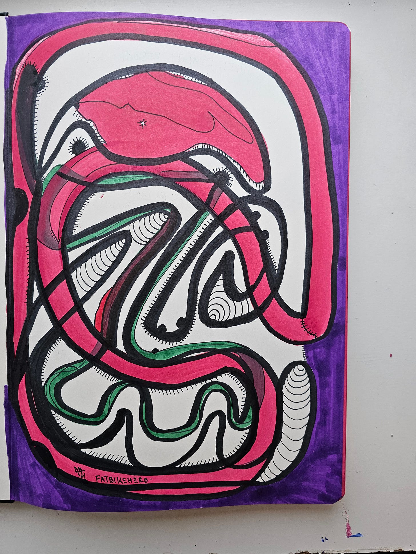 Alt Text: Abstract marker and paint drawing titled "Reality Reboot A.I." by Fatbikehero. A complex maze of thick pink and green lines twisted into organic shapes, outlined in black with hatched shading, set against a white background with a purple border. Alt Text: Abstract marker and paint drawing titled "Reality Reboot A.I." by Fatbikehero. A complex maze of thick pink and green lines twisted into organic shapes, outlined in black with hatched shading, set against a white background with a purple border.