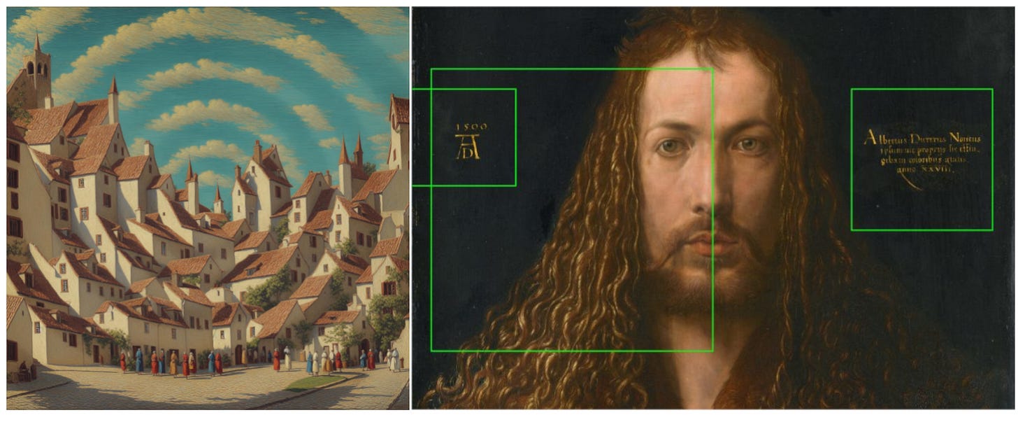 Left: Spiral Village, an AI generated image prompted by Stable Diffusion user Ugleh. Right:  Isolated details of Albrecht Dürer’s Self-Portrait at the Age of Twenty Eight used as scroll anchors in the New York Times’ interactive Close Read column.