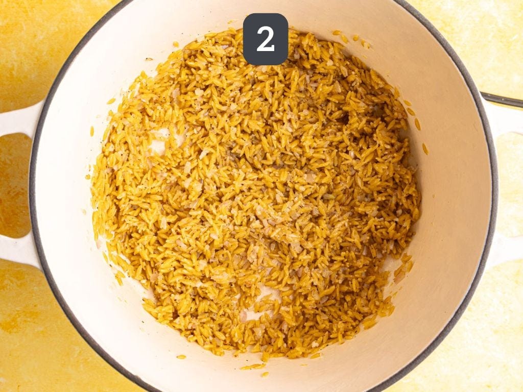 Creamy Lemon Orzo Step 2 - add the orzo and toast.