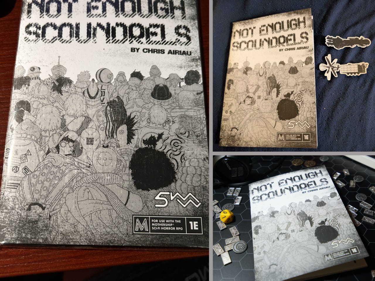 collage of three photographs, each a different backer’s photo of their Not Enough Scoundrel zine. One zine is on a wood table, still in its plastic sleeve. The second is on a blue cover, next to a couple of spaceship stickers. The third sits on a black hex table next to a fancy clackity-clack keyboard, nice lookin’ headphones, loads of chits, and black & yellow d100s & d20s.