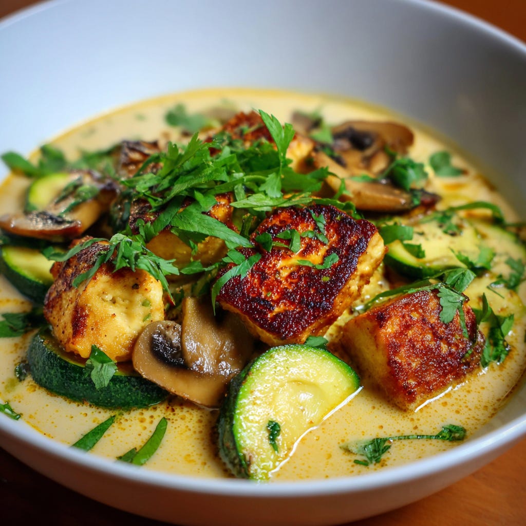 Coconut Curry Soup: zucchini, mushrooms, coconut milk, ginger, coriander, tofu