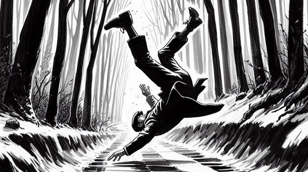 a man falling of a path in black and white ink and gouache style
