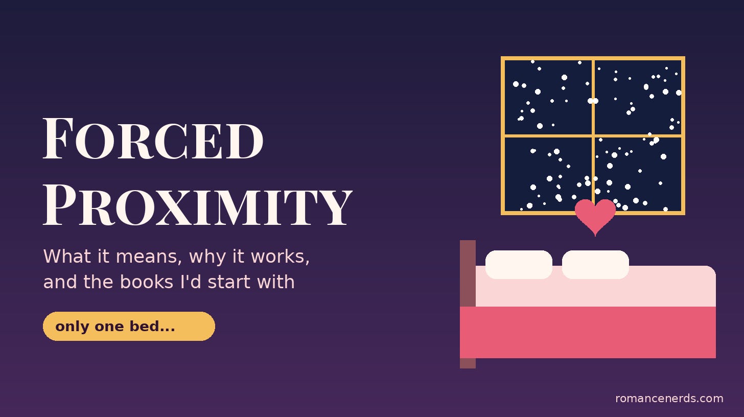Forced proximity trope illustration of one bed beneath a snowy window with a heart Forced proximity trope illustration of one bed beneath a snowy window with a heart