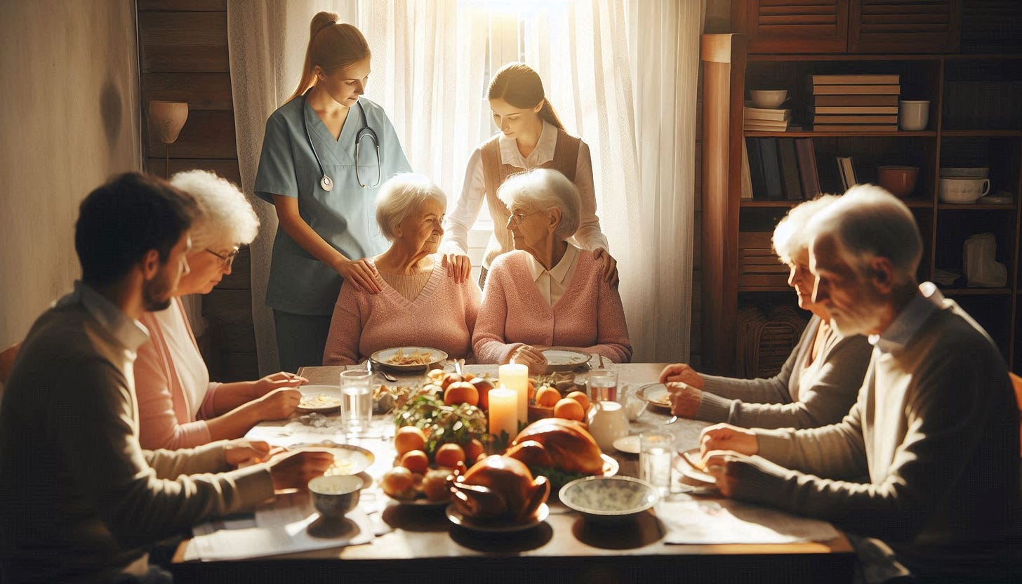 Eight elderly individuals sit around a warmly lit dining table enjoying a festive meal, with two caregivers standing behind them offering support. The scene conveys togetherness, caregiving, and holiday gratitude in a cozy home setting.