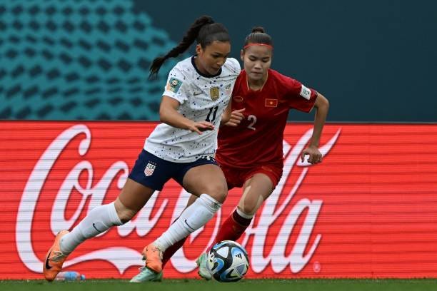 S forward Sophia Smith fights for the ball with Vietnam's defender Thi Thu Thuong Luong during the Australia and New Zealand 2023 Women's World Cup... S forward Sophia Smith fights for the ball with Vietnam's defender Thi Thu Thuong Luong during the Australia and New Zealand 2023 Women's World Cup...