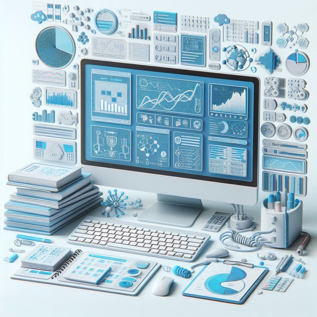 imagem computador com varios graficos de data science na tela, fundo branco. fofo 3d