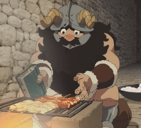 A Viking using a book to fan his fire as he cooks.