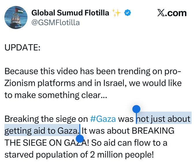 Text on a white background with black font. The text includes "UPDATE:" in uppercase, followed by a statement about a video trending on pro-Zionism platforms and in Israel, and a highlighted phrase "BREAKING THE SIEGE ON GAZA" in yellow. Additional text mentions Gaza and a starved population of 2 million people.