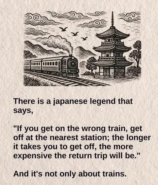 May be an image of train, railroad and text that says 'There IS a japanese legend that says, "If you get on the wrong train, get off at the nearest station; the longer it takes you to get off, the more expensive the return trip will be." And it's not only about trains.'