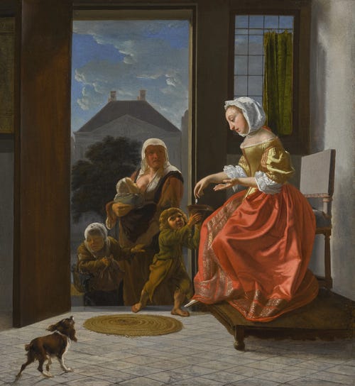 Seated woman giving alms to children at the door Seated woman giving alms to children at the door
