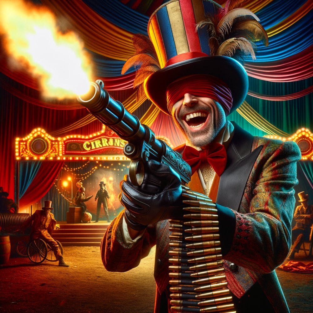 a crazed circus master, wearing a blindfold, shooting a machine gun  wildly