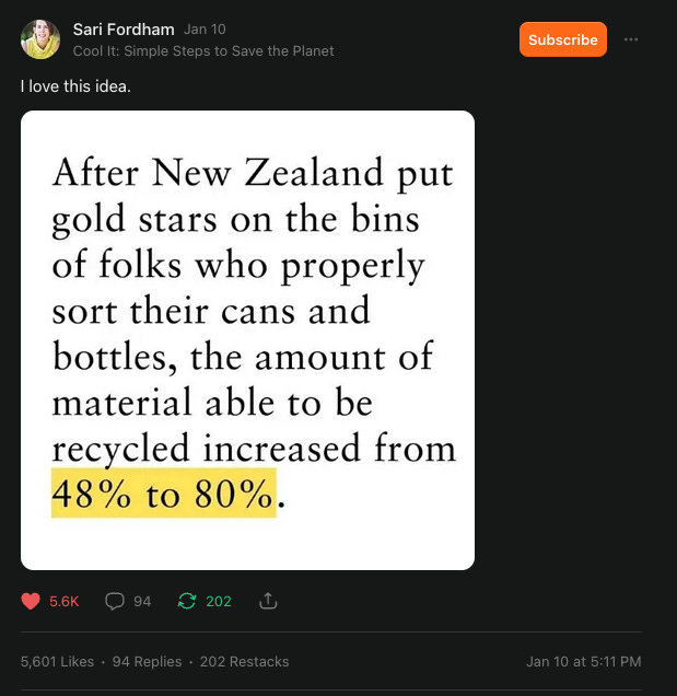 Social media post from Sari Fordham showing text that reads: "After New Zealand put gold stars on the bins of folks who properly sort their cans and bottles, the amount of material able to be recycled increased from 48% to 80%."