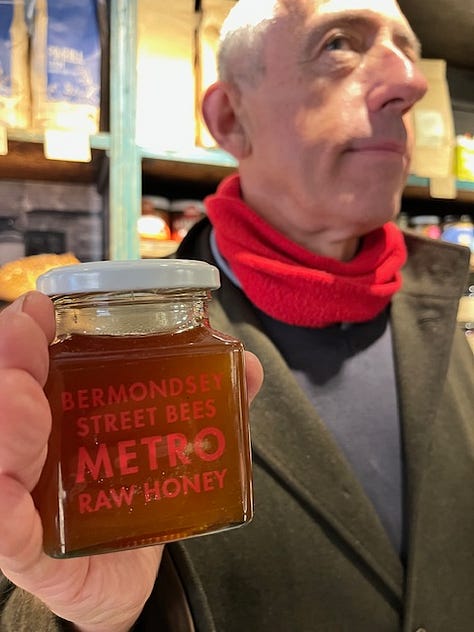 Six images, with a man holding a honey jar, a book and two women portraits and a shot of a shelf of honey jars