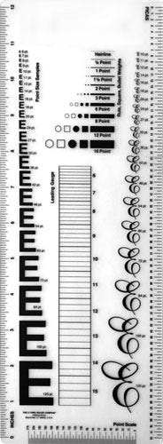 Measuring gauge for type and leading sizes, picas, and points.
