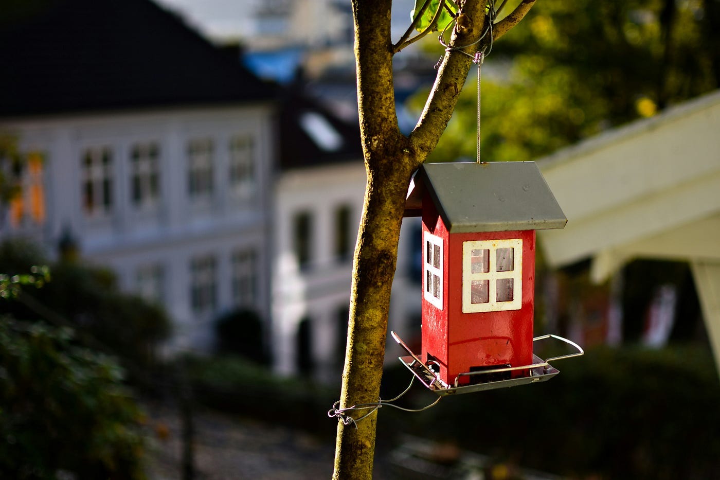 Small red birdhouse in front of a large white house