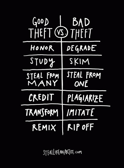 A page from the book Steal Like an Artist by Austin Kleon that shows a table divided into two sides. On the left it says: Good theft, with a list of examples such as honor, study, steal from many, credit, transform, remix. On the right it says: Bad theft, with contrasting examples such as degrade, skim, steal from one, plagiarize, imitate, rip off. A page from the book Steal Like an Artist by Austin Kleon that shows a table divided into two sides. On the left it says: Good theft, with a list of examples such as honor, study, steal from many, credit, transform, remix. On the right it says: Bad theft, with contrasting examples such as degrade, skim, steal from one, plagiarize, imitate, rip off.