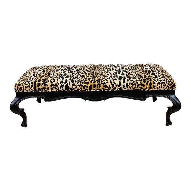Vintage Hollywood Regency Leopard Print Button Tufted Upholstered Wood Bench For Sale