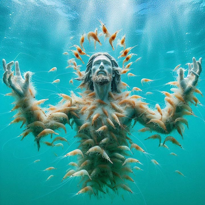 Multiple images of shrimp Jesus from across the internet