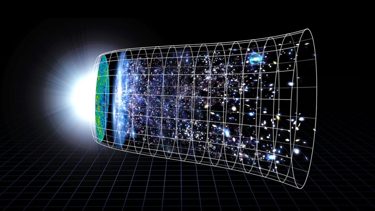 A funnel-shaped illustration of the expanding universe, with galaxies spreading through a curved spacetime grid from the bright Big Bang at left to the present day at right.