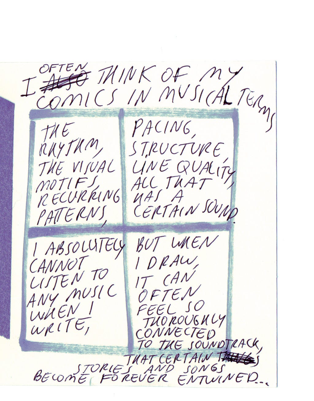 I often think of my comics in musical terms, the rhythm, the visual motifs, recurring patterns, pacing, structure, line quality, all that has a certain sound.   I absolutely cannot listen to any music when I write, but when I draw, it can often feel so thoroughly connected to the soundtrack, that certain stories and songs become forever entwined...