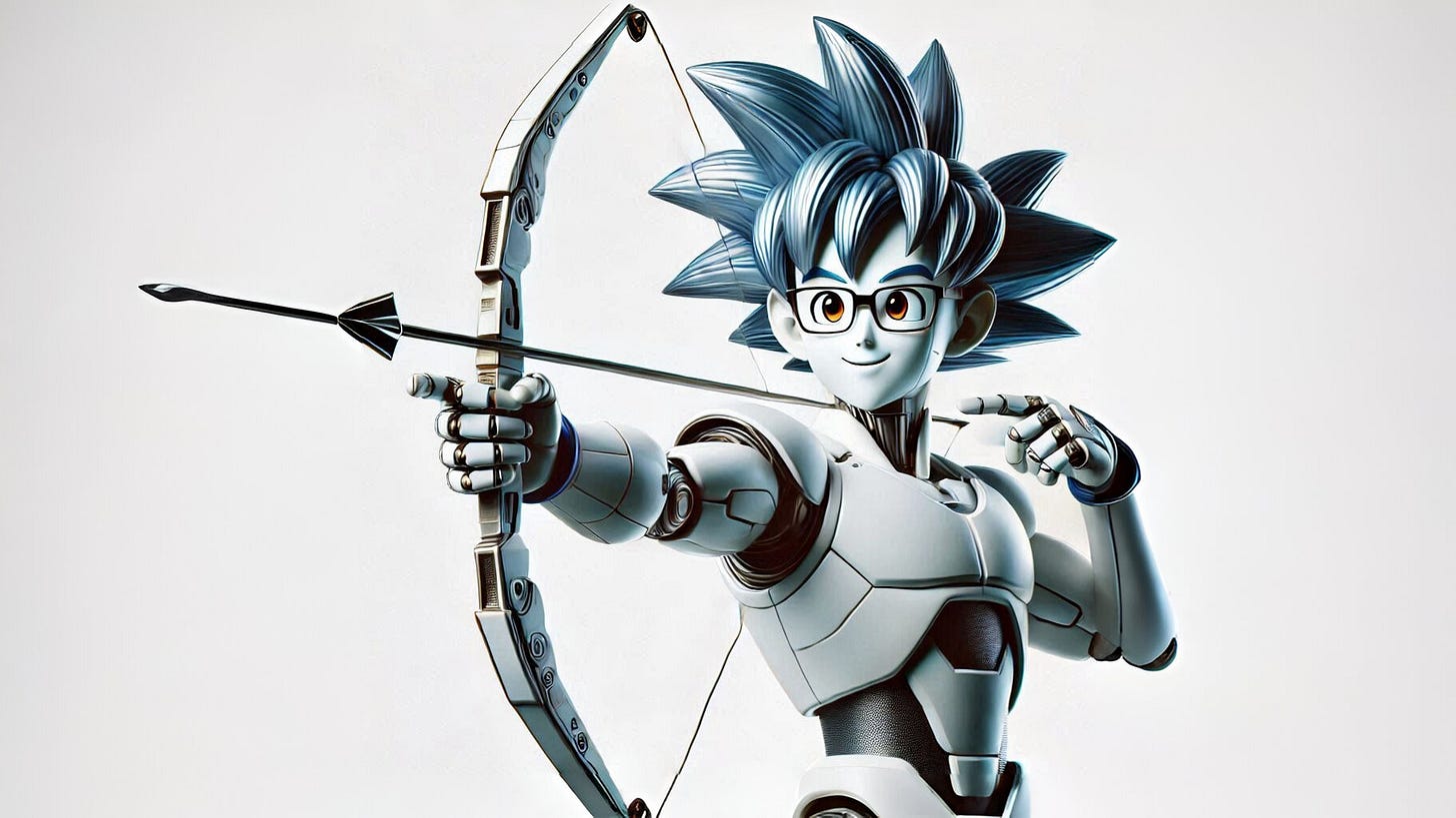 Un robot con cabello puntiagudo estilo anime similar al de Goku, cuerpo delgado y elegante, cabello azulado metálico, expresión alegre y amigable, lentes de armazón, barba de chivo en el mentón muy corta, armadura 