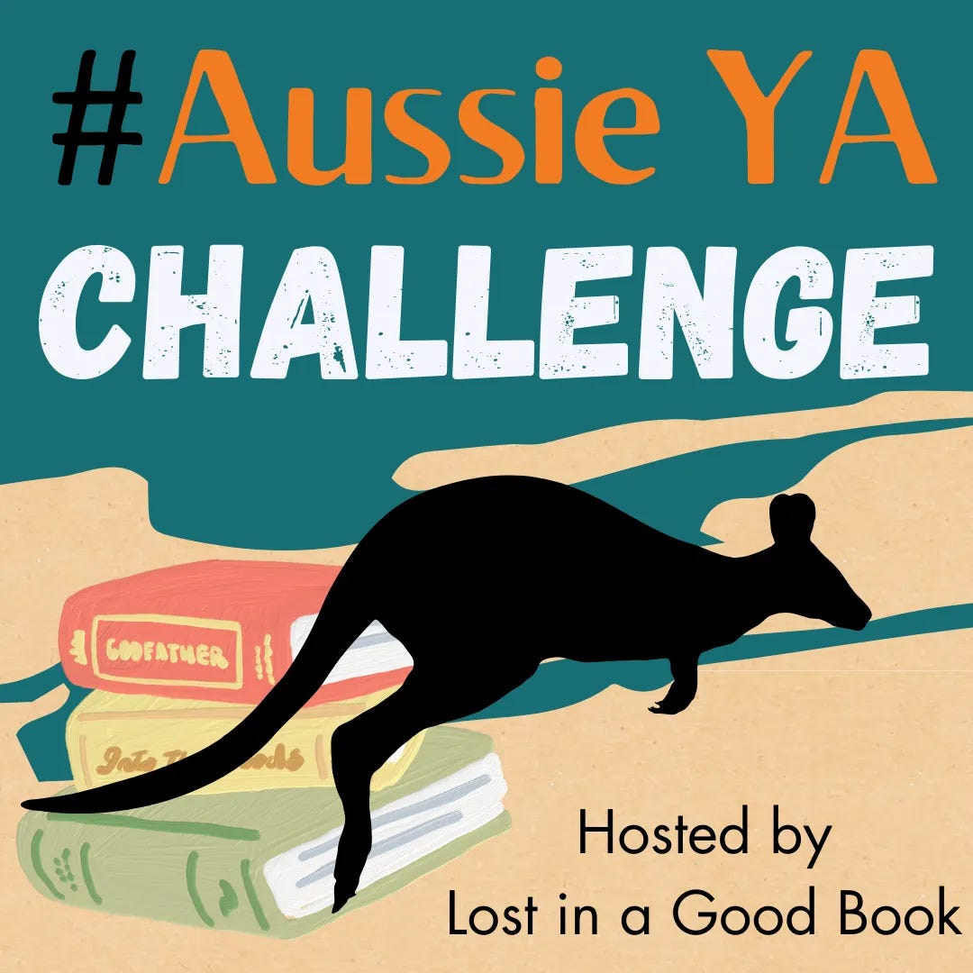 Aussie YA Challenge  A beige square with a turquoise splodge at the top. The text is a black hashtag, orange Aussie YA and white challenge with a stack of books a kangaroo at the bottom. Black text at the very bottom reads Hosted by Lost in a Good Book.