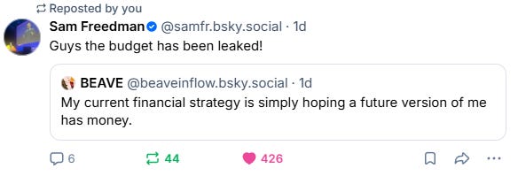 A social media post by Sam Freedman discussing a leaked budget and a personal financial strategy.

AI-generated content may be incorrect.