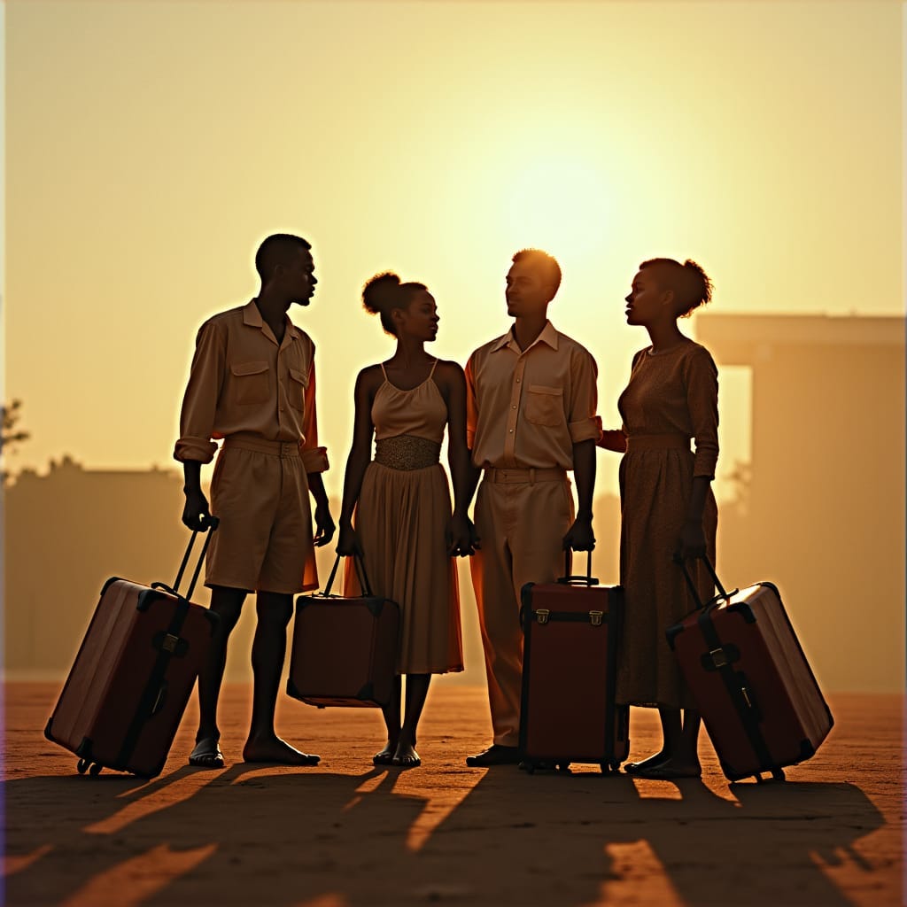 A Jamaican family of African descent stands together, dressed in traditional clothing, with suitcases and trunks at their feet, as they prepare to depart for Africa in 1935, amidst a warm, golden light