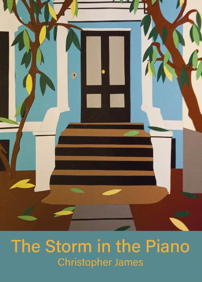 Book cover of 'The Storm in the Piano' by Christopher James (Maytree Press, 2022) — one of Chris's cut-out pictures showing a door and steps of a Victorian house surrounded by trees (it's the front door of a house where a poet lives, can't remember which one though, but it's very pretty).