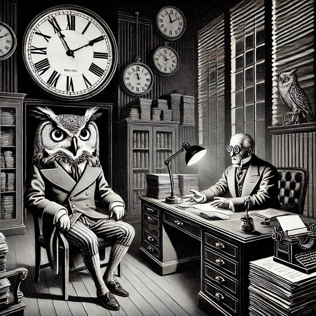 A black and white, modernist, collage-style illustration with a Kafkaesque atmosphere. Emperor Joseph II sits in his dimly lit study, dressed in 18th-century attire, with a strict, authoritative expression as he lectures a night owl bureaucrat—an anthropomorphic owl in a suit and glasses—who looks exhausted and indifferent. The room is filled with stacks of paperwork, numerous clocks ticking ominously on the walls and desk, and heavy shadows creating a sense of bureaucratic oppression. The distorted perspective and eerie lighting enhance the surreal, nightmarish mood.