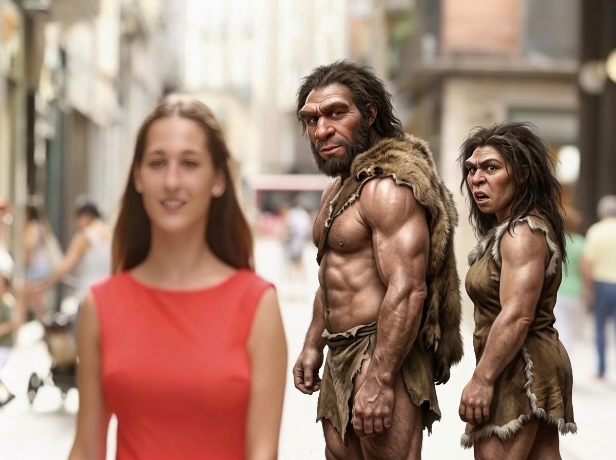disloyal Neanderthal boyfirend and his Neanderthal girlfriend watching a Homo sapiens woman an a red dress walk down a modern city street. disloyal Neanderthal boyfirend and his Neanderthal girlfriend watching a Homo sapiens woman an a red dress walk down a modern city street.
