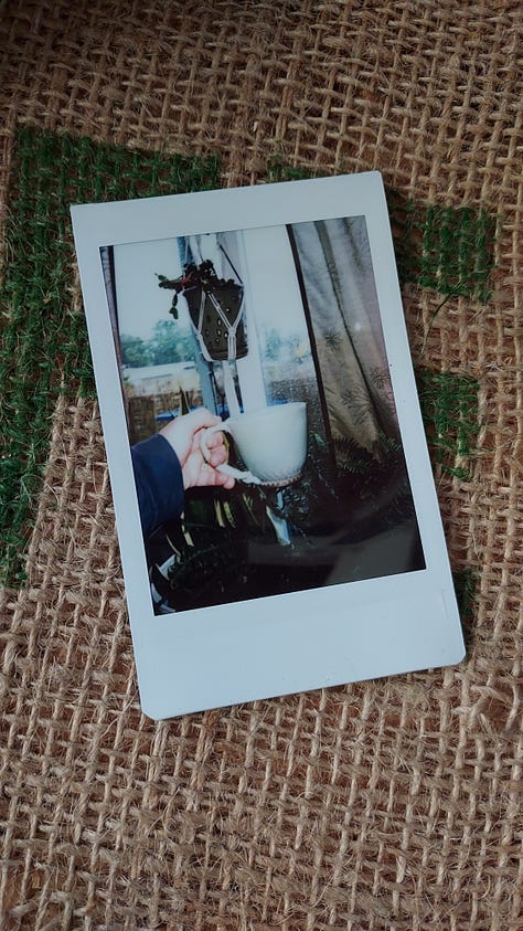 A collage of instant photographs of coffee mugs or a white, bald, bearded man drinking coffee