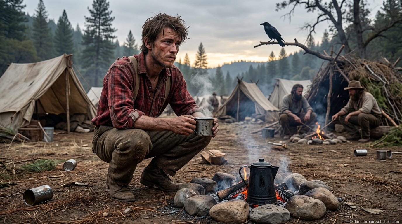 IMAGE PROMPTEarly morning California Gold Rush camp July 1849 along American River near Coloma Photographic quality 16x9 format An 18-year-old prospector with lean wiry build shaggy unwashed matted brown hair patchy stubble sun-darkened peel_image_1 IMAGE PROMPTEarly morning California Gold Rush camp July 1849 along American River near Coloma Photographic quality 16x9 format An 18-year-old prospector with lean wiry build shaggy unwashed matted brown hair patchy stubble sun-darkened peel_image_1
