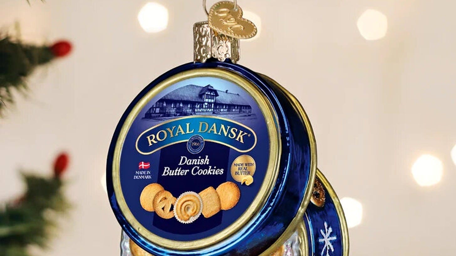 The Royal Dansk Butter Cookies Tin Ornament. Image: Old World Christmas The Royal Dansk Butter Cookies Tin Ornament. Image: Old World Christmas