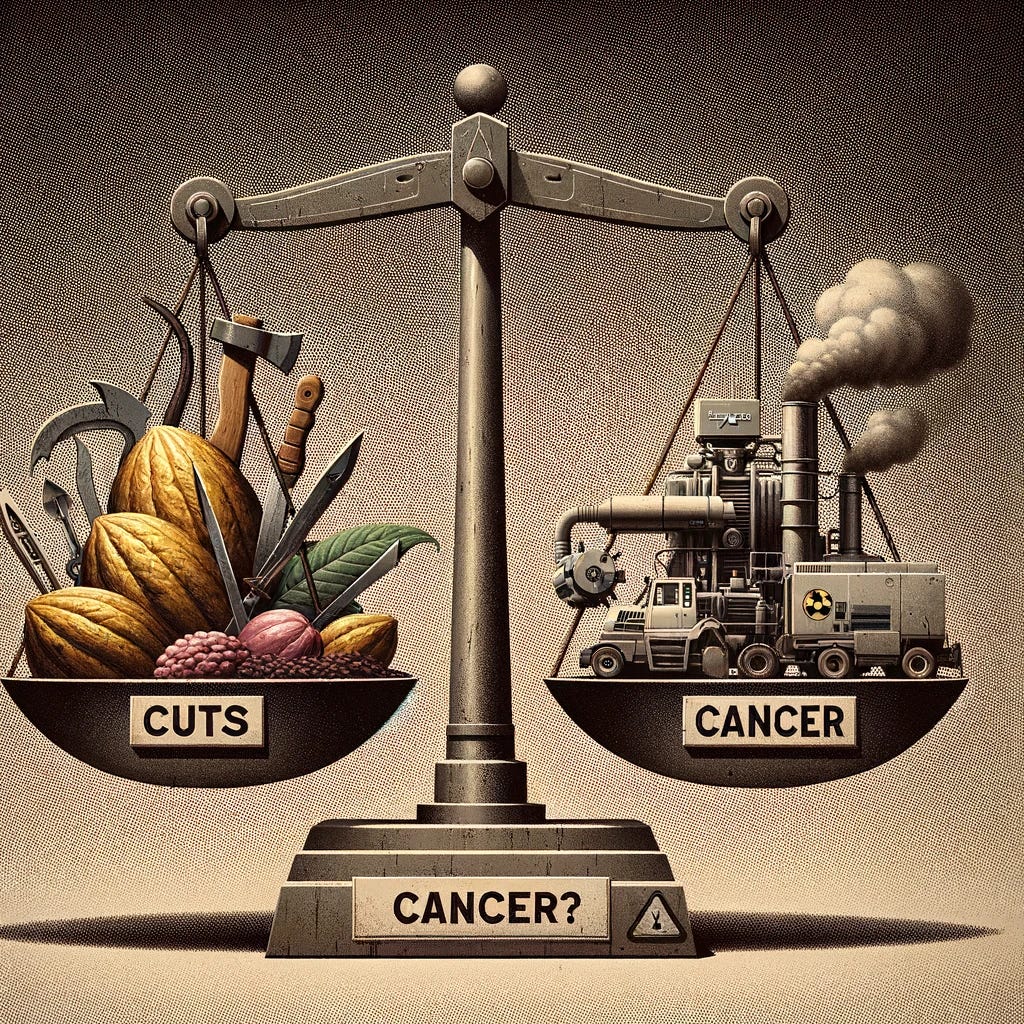 A symbolic image of a weight balance representing the dilemma in cocoa farming. On the left side of the balance, traditional cocoa farming tools such as cutlasses, knives, and machetes are stacked, with the word 'Cuts' beneath it, symbolizing the risks of physical labor. On the right side, advanced mechanised farming equipment is placed, emitting fumes and radiation, with the word 'Cancer' beneath it, representing the potential health risks of heavy mechanisation. Above the balance, the phrase 'Cancer or Cuts?' is prominently displayed, correctly spelled, reinforcing the trade-off between traditional and modern farming methods. The background is neutral, ensuring focus on the contrast between the two sides.