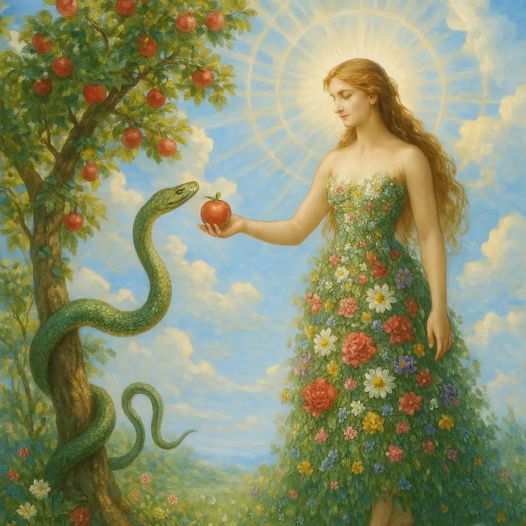 the serpent offering an apple from a tree to a woman who is dressed in a dress made of flowers and grass. heavenly. in heaven. each strike creates sonic booms.