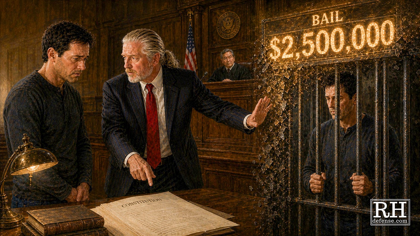 Rick Horowitz stands beside a client at counsel table, gesturing toward a glowing "$2,500,000" bail figure as the iron jail bars beneath it dissolve into shards, with the U.S. Constitution open on the table and a judge looking on from the bench.
