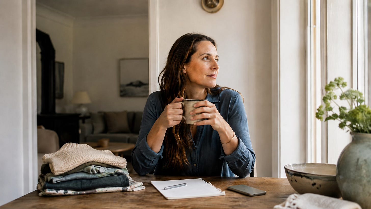 Woman taking a small, ordinary pause with tea while an unfinished list remains nearby. Woman taking a small, ordinary pause with tea while an unfinished list remains nearby.