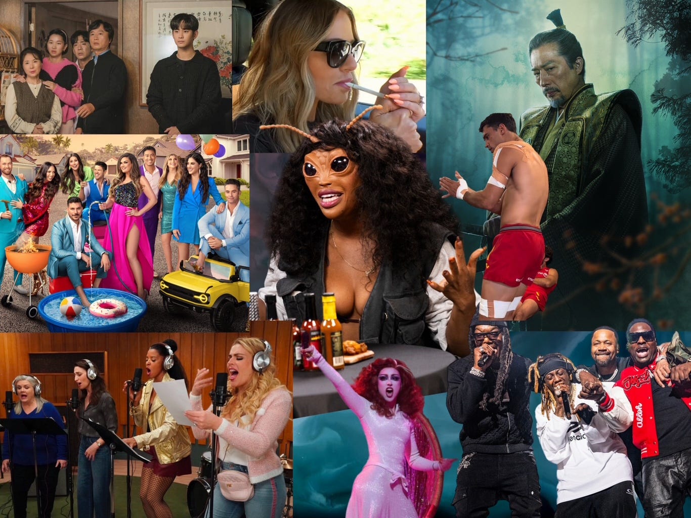 collage of queen of tears, the valley bravo, sza as a bug on hot ones, dorit kemsley smoking rhobh, chappell roan, girls 5eva season 3 peacock, shogun series fx, hot boys reunion at weezyana fest, manu moreno espana rugby team flamenco dancing