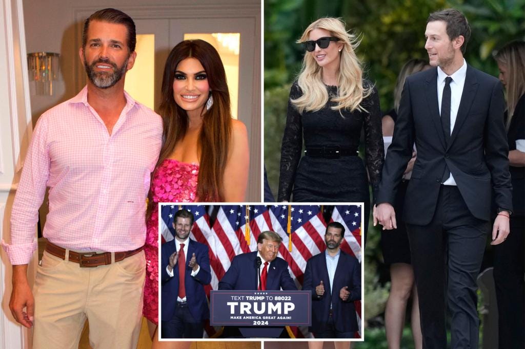 composite photo: inset center trump speaks at a podium; left, donald trump jr right Ivanka Trump and Jared Kushner arriving at the funeral of Amalija Knavs, Melania Trump's mother, at the Church of Bethesda-by-the-Sea in Palm Beach, Florida.