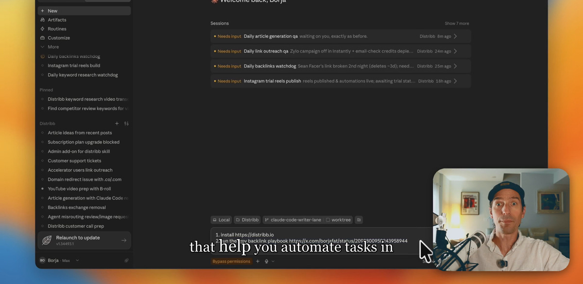 Claude interface showing the Distribb SEO skill task list