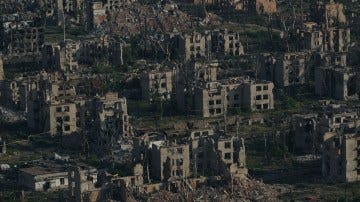 Aerial view of the ruined city of Chasiv Yar, Ukraine, devastated by Russian attacks. Aerial view of the ruined city of Chasiv Yar, Ukraine, devastated by Russian attacks.