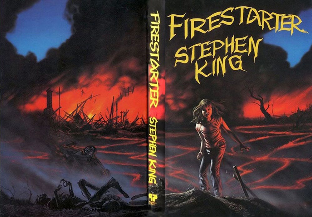 Wraparound book cover for FIRESTARTER by Stephen King, published by Phantasia Press