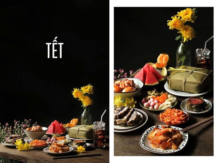 This may contain: there are many plates with food on them and the words tet written in two languages