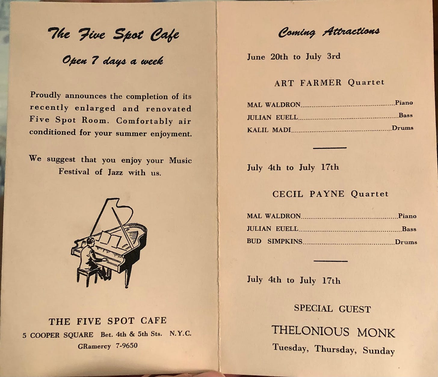 A summer 5 Spot Cafe schedule that includes the Art Farmer Quartet, the Cecil Payne Quartet, and Thelonious Monk.