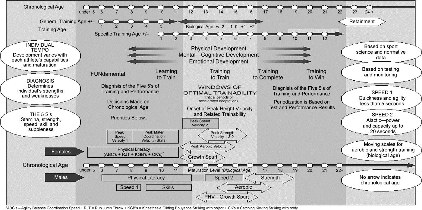 
Figure 1. Adaptation to training and optimal trainability (adapted from Balyi & Way, 2002; in Balyi & Hamilton, Citation2004).
