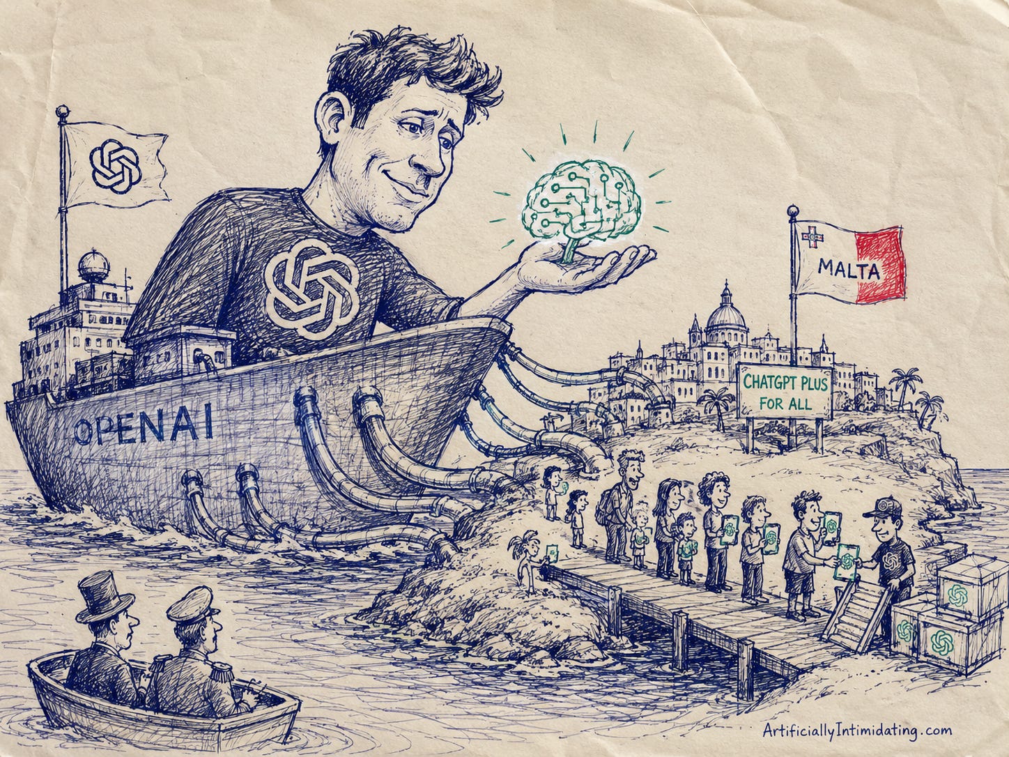 AI-generated editorial cartoon in a hand-drawn blue-ink sketch style on wrinkled paper. A giant Sam Altman figure emerging from a massive OpenAI-branded ship towers over the island of Malta while handing out glowing AI brains and ChatGPT subscriptions to citizens lined up on a dock. Thick cables run from the ship into the island, emphasizing OpenAI’s growing influence over national infrastructure and AI access. Small observers sit in a rowboat nearby watching the scene unfold. ArtificiallyIntimidating.com signature appears in the corner.