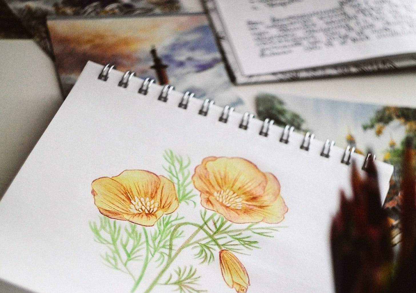 Sketchbook on a desk displaying a delicate watercolor illustration of two orange poppy flowers with green stems and a small bud. Nearby are art postcards, a handwritten notebook page, and a glass holding brown pens, creating a cozy artist’s workspace scene. Sketchbook on a desk displaying a delicate watercolor illustration of two orange poppy flowers with green stems and a small bud. Nearby are art postcards, a handwritten notebook page, and a glass holding brown pens, creating a cozy artist’s workspace scene.